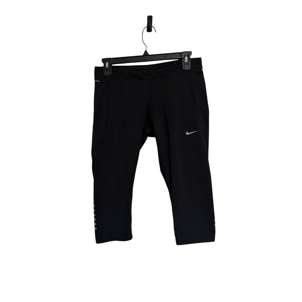 Nike Dri-Fit Womens Black Capri Running Leggings Size M‎ Reflective Zip Pocket